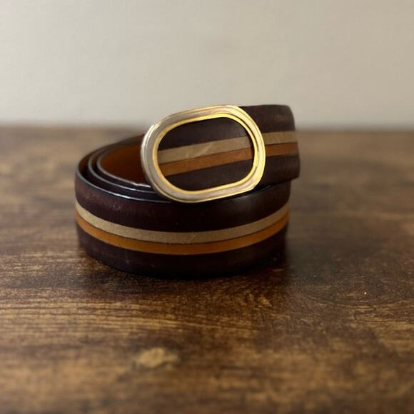 A. Testoni Soft Leather Belt Men Stripe Classic Gold Buckle Designer Italy Brown - Picture 1 of 11